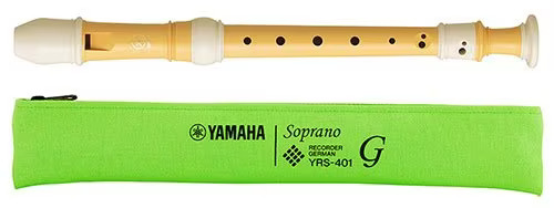 Yamaha plant-based recorder lying horizontally next to a bright green bag