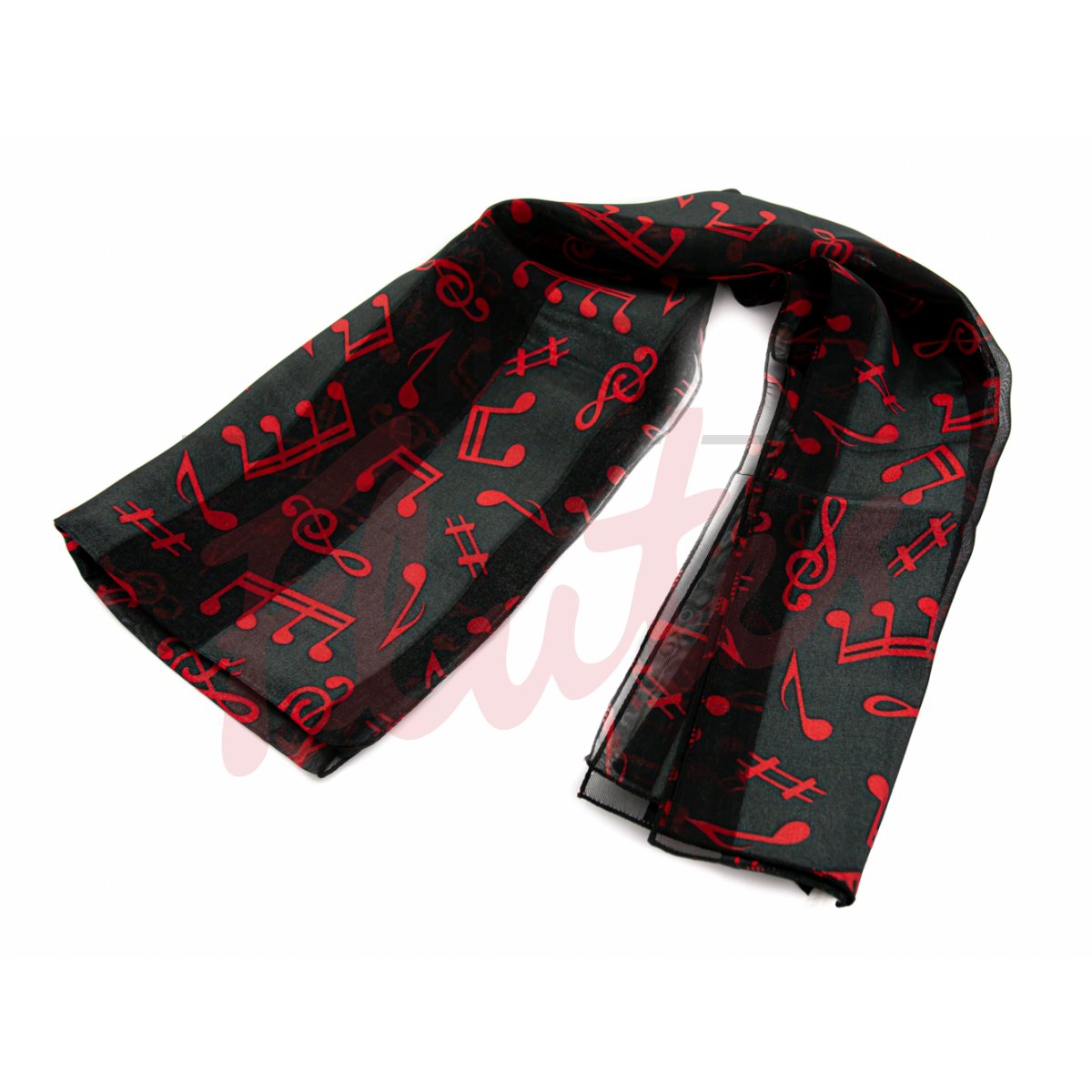 Music Scarf, Large Notes on Satin Stripes, Black with Red Notes