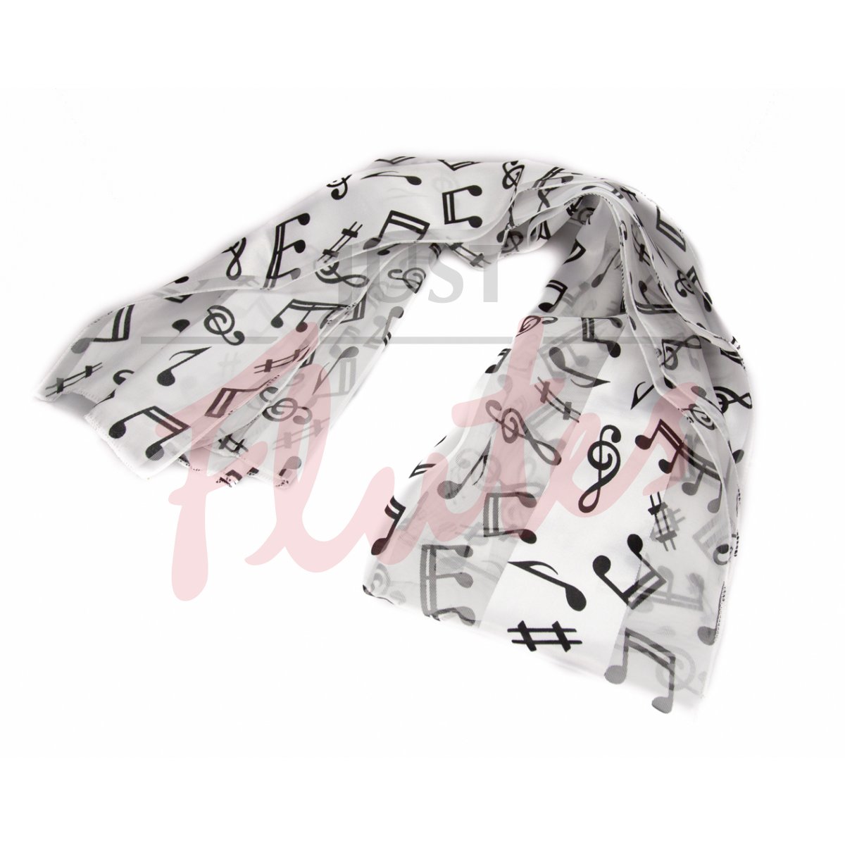 Music Scarf, Large Notes on Satin Stripes, White with Black Notes