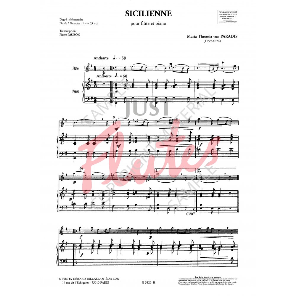 Sicilienne for Flute and Piano - M.T. von Paradis. Just Flutes