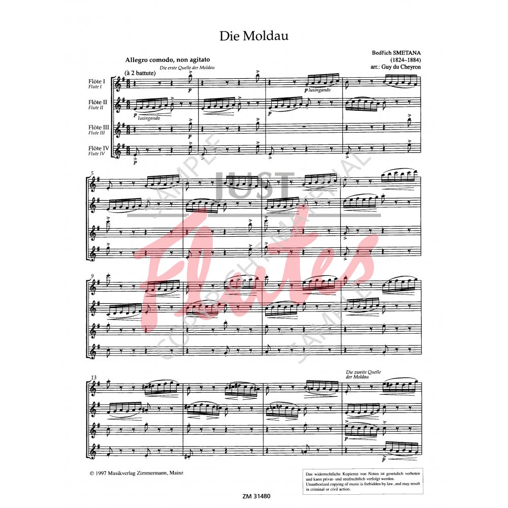 Die Moldau for 4 Flutes - B. Smetana. Just Flutes, London